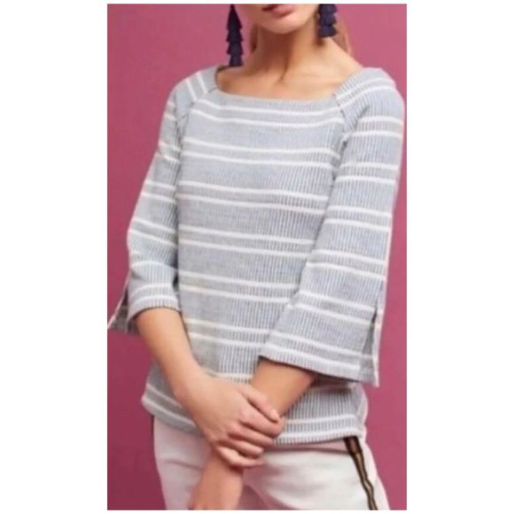 Anthropologie Sweaters - POSTAGE STAMP Antique White Striped Boat Neck Quarter Sleeve Sweatshirt